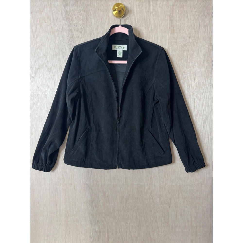 Orvis Black Faux Suede Zip Up Jacket Adjustable Hem Women Size 6P Petite